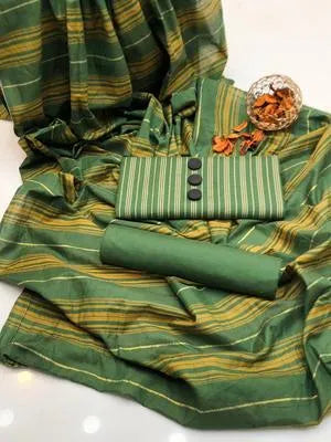 Three pieces of UrbanBaazar unstitched printed suit for women, featuring vibrant summer patterns and lightweight fabric.