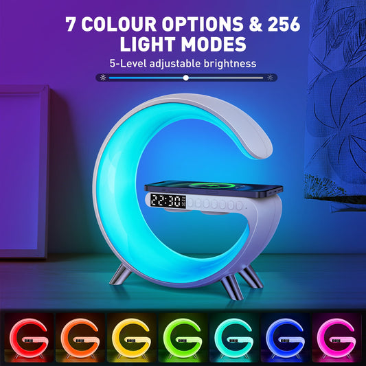 UrbanBaazar GPED digital alarm clock with LED display, wireless charger, Bluetooth speaker, FM radio, and touch dimmable night light.