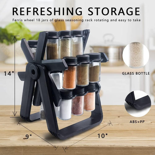 UrbanBaazar spice rack organizer with 18 clear spice jars and metal frame, ideal for kitchen storage and spice organization.