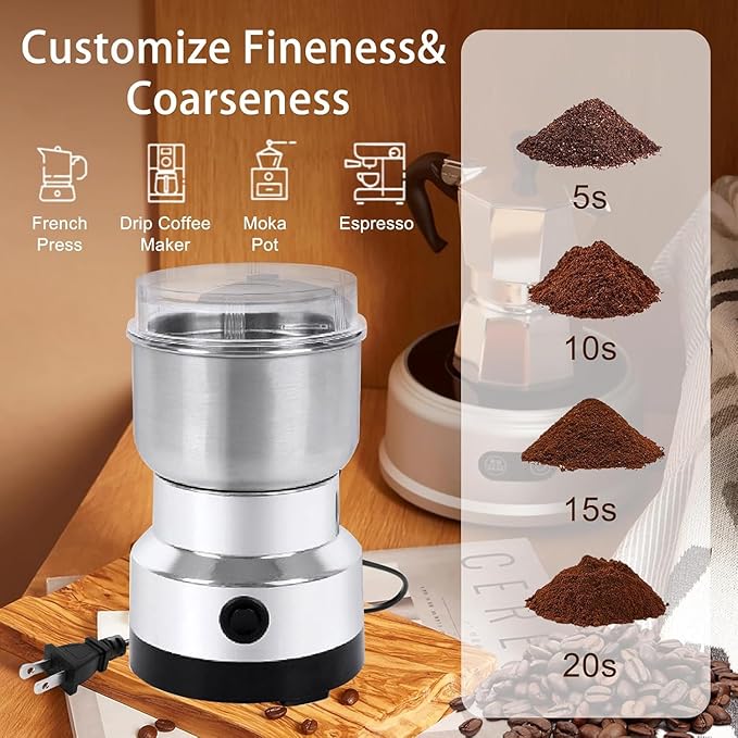 UrbanBaazar stainless steel electric grinder with a sleek compact design, showing the grinding mechanism and modern appearance.