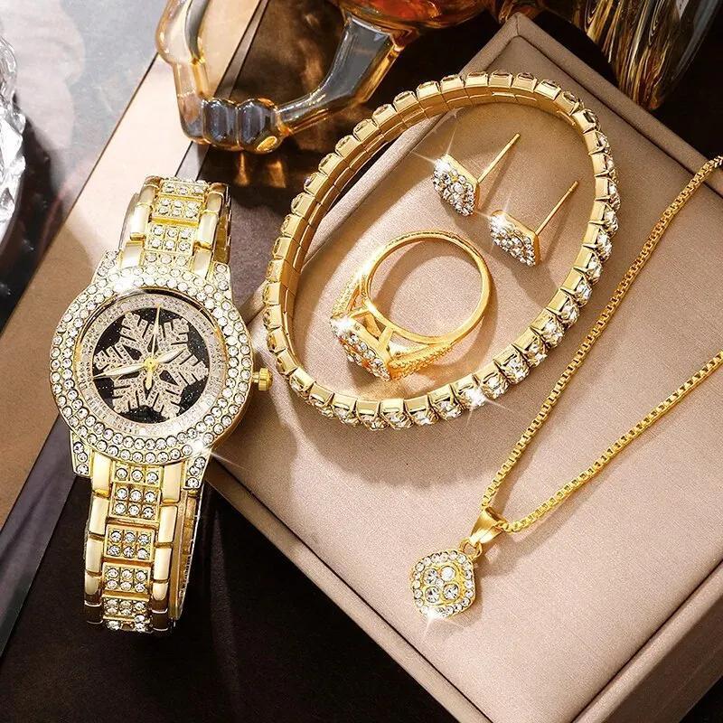 Snowflake Elegance – Luxury Full Rhinestone Watch & 5-Piece Jewelry Set - UrbanBaazar