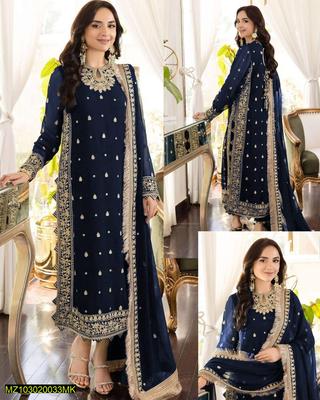 Three pieces of UrbanBaazar women's stitched crinkle chiffon embroidered suit in elegant design and soft fabric.