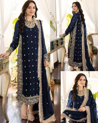 Three pieces of UrbanBaazar women's stitched crinkle chiffon embroidered suit in elegant design.