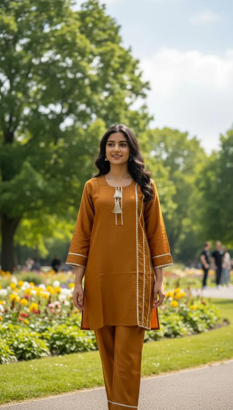 Eid Collection 2 Pcs Women's Stitched Cotton Lawn Lace Work Shirt And Trouser - UrbanBaazar