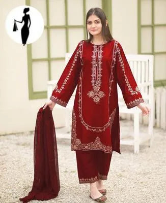 3 Pcs Women's Stitched Shamoz Silk Embroidered Suit - UrbanBaazar