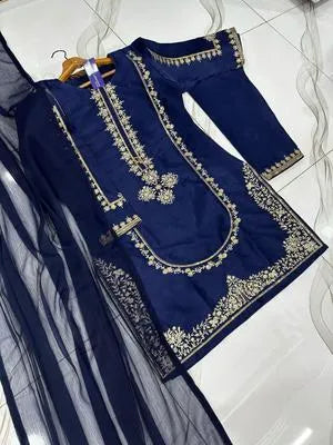 3 Pcs Women's Stitched Shamoz Silk Embroidered Suit - UrbanBaazar