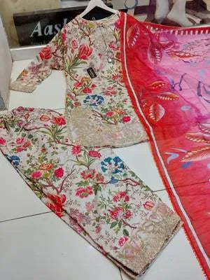 3 Pcs Women's Stitched Crinkle Chiffon Printed Suit - UrbanBaazar