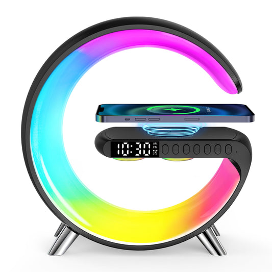 UrbanBaazar GPED digital alarm clock with wireless charging, LED lamp, Bluetooth speaker, FM radio, and dimmable night light.