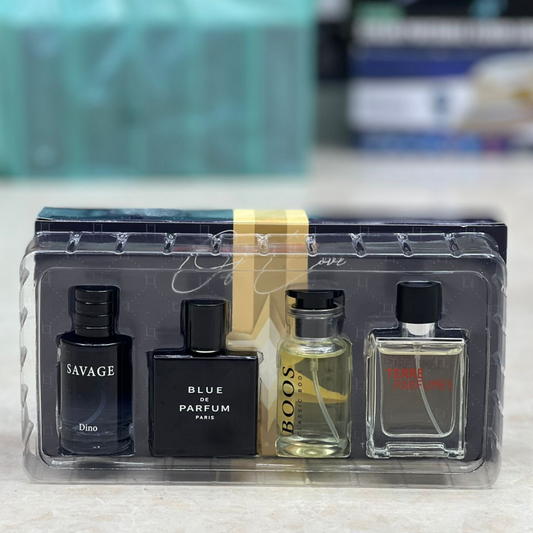 UrbanBaazar perfume gift set with four elegant fragrance bottles, perfect for gifting or personal use.