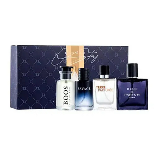 UrbanBaazar perfume gift set with four elegant bottles, showcasing various fragrances in stylish packaging.