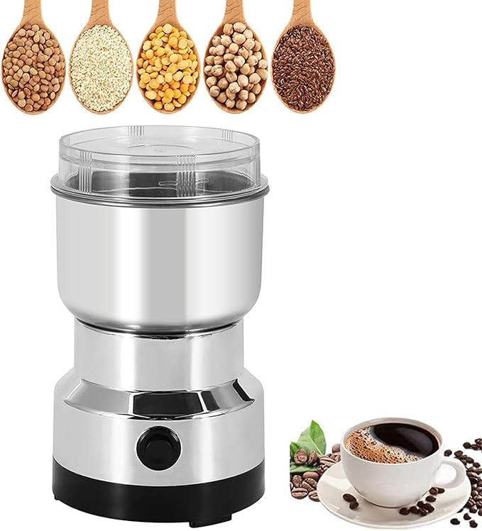 UrbanBaazar stainless steel electric grinder with a sleek design, showing the grinding mechanism and modern construction.