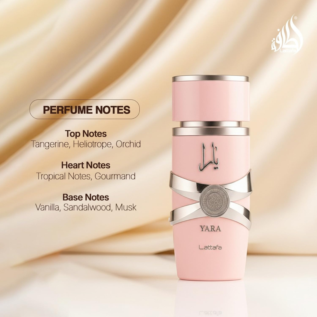 Lattafa Yara perfume bottle in a 100ml size, featuring a sleek design and elegant packaging from UrbanBaazar.