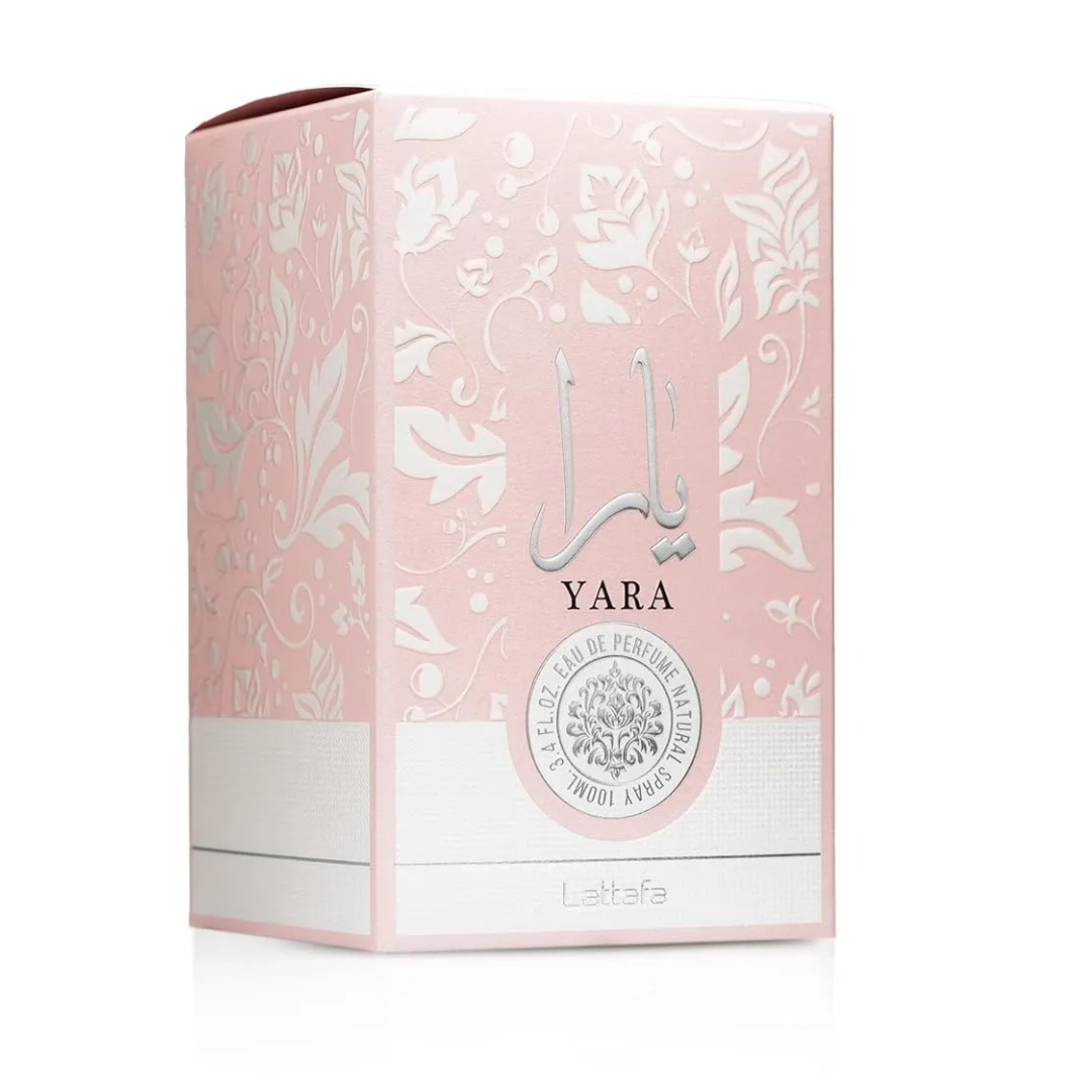 Elegant bottle of Lattafa Yara perfume in 100ml, with a sleek design, displayed against a neutral background.