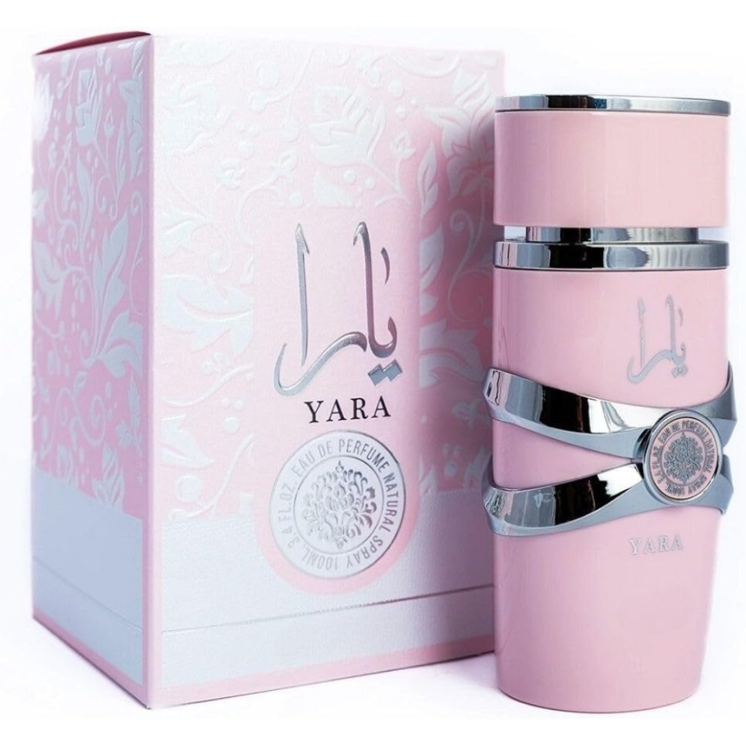 Lattafa Yara perfume bottle, 100ml, with elegant design and floral accents, showcasing the luxury fragrance from UrbanBaazar.