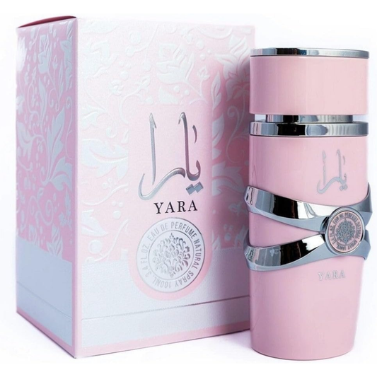 Lattafa Yara perfume bottle, 100ml, with elegant design and floral accents, showcasing the luxury fragrance from UrbanBaazar.
