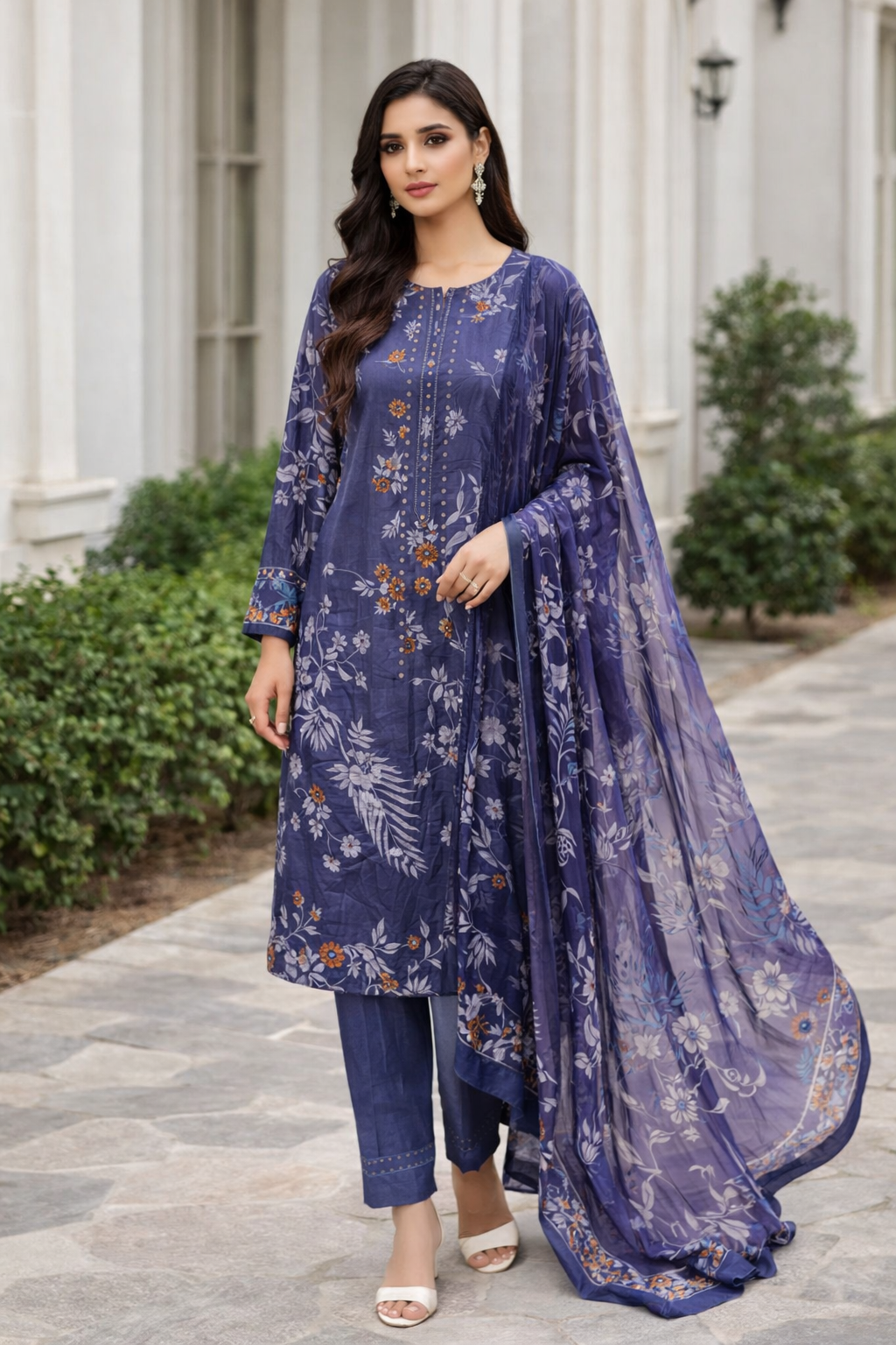 Three pieces of unstitched embroidered suit fabric for women by UrbanBaazar, featuring intricate designs and vibrant colors.