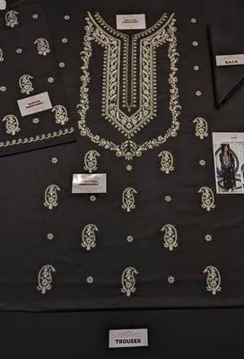 Two pieces of UrbanBaazar women's unstitched embroidered suit displayed, showcasing intricate embroidery and fabric details.