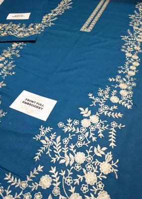 Two pieces of UrbanBaazar women's unstitched embroidered suit displayed, featuring intricate designs and vibrant colors.