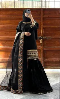 Women’s embroidered Gharara shirt set in shamoz silk by UrbanBaazar, featuring intricate stitching and elegant design.