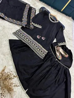 Three pieces of UrbanBaazar women's stitched shamoz silk embroidered gharara shirt set in elegant design.