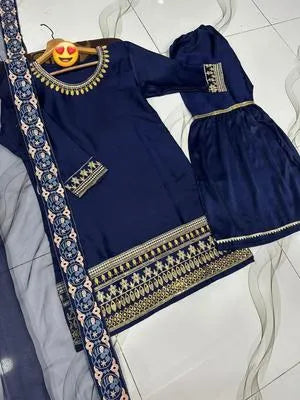 Three pieces of UrbanBaazar women's embroidered gharara shirt in shamoz silk displayed on a neutral background.