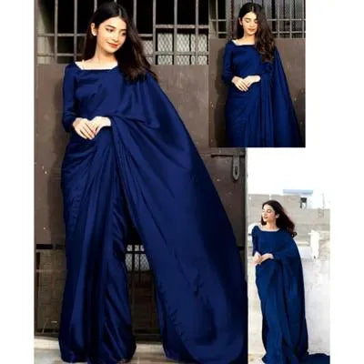 Two pieces of UrbanBaazar women's shamoz silk plain stitched saree in vibrant colors, elegantly draped on a mannequin.