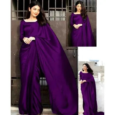 Two pieces of UrbanBaazar women's shamoz silk plain stitched saree in elegant drape, showcasing rich texture and color.