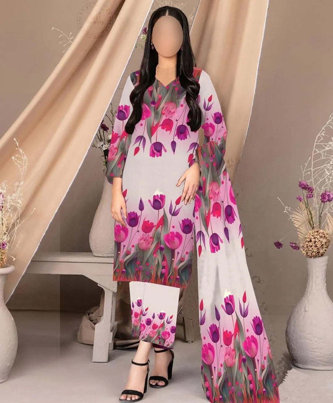 Unstitched silky suit by UrbanBaazar featuring a digital printed long airline shirt, trouser, and China silk dupatta.