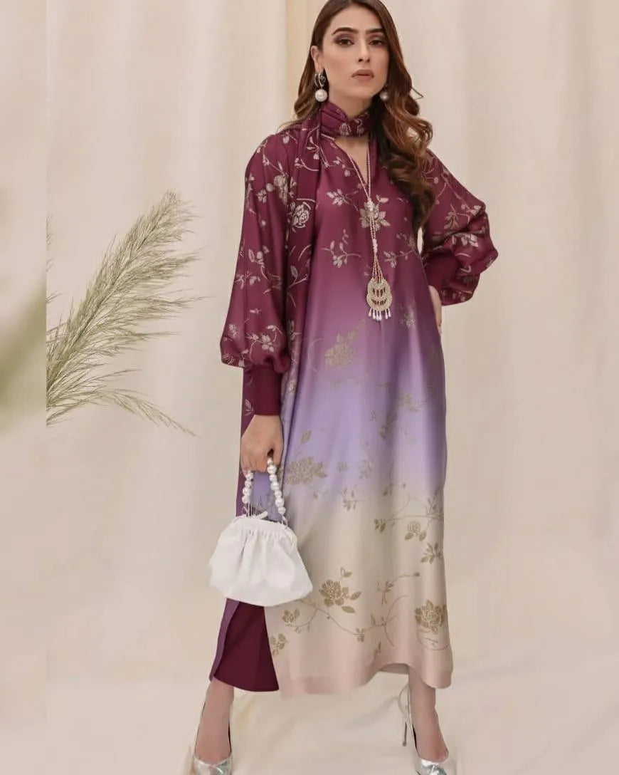 Unstitched silky suit set featuring a digital printed long airline shirt, trousers, and China silk dupatta for women.