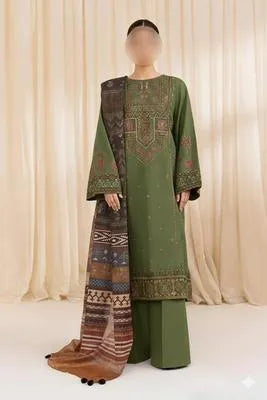 Three pieces of unstitched embroidered suit by UrbanBaazar, showcasing intricate designs and vibrant fabric patterns.