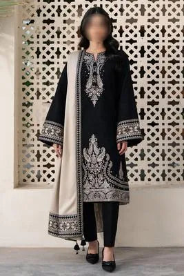 Three pieces of UrbanBaazar women's unstitched embroidered suit showcasing intricate designs and vibrant colors.