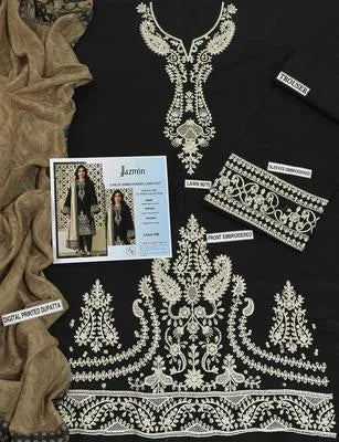 Three pieces of unstitched embroidered suit by UrbanBaazar, showcasing intricate designs and vibrant fabric textures.