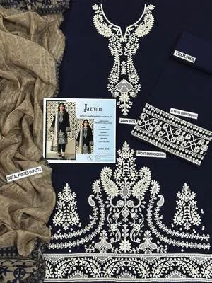 Three pieces of UrbanBaazar women's unstitched embroidered suit with intricate designs on fabric.