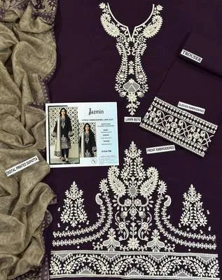 Three pieces of UrbanBaazar women's unstitched embroidered suit in vibrant colors displayed on a neutral background.