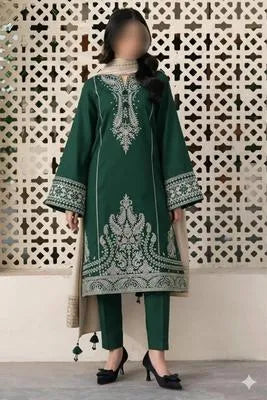 Three pieces of women's unstitched embroidered suit by UrbanBaazar featuring intricate designs and vibrant colors.