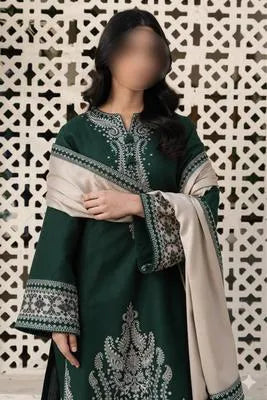 Three pieces of UrbanBaazar women's unstitched embroidered suit in vibrant colors and intricate patterns.