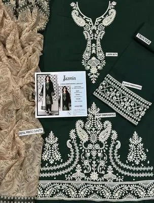 Three pieces of UrbanBaazar women's unstitched embroidered suit in vibrant colors and intricate designs.