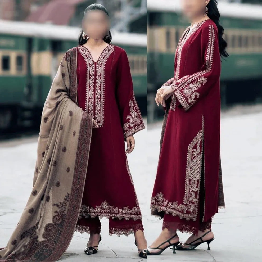 Three pieces of women's unstitched embroidered suit from UrbanBaazar, showcasing intricate designs and vibrant colors.
