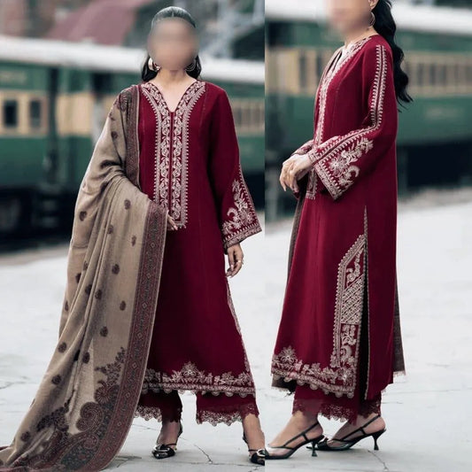Three pieces of women's unstitched embroidered suit from UrbanBaazar, showcasing intricate designs and vibrant colors.