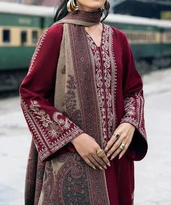 Three pieces of Women's unstitched embroidered suit by UrbanBaazar displayed on a neutral background.