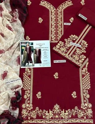 Three pieces of UrbanBaazar women's unstitched embroidered suit in vibrant colors with intricate designs.