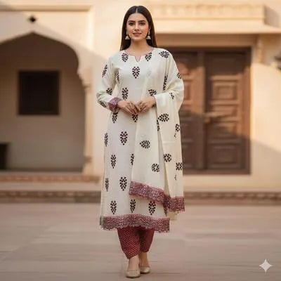 Two pieces of UrbanBaazar women's unstitched embroidered suit displayed together, showcasing intricate embroidery details.