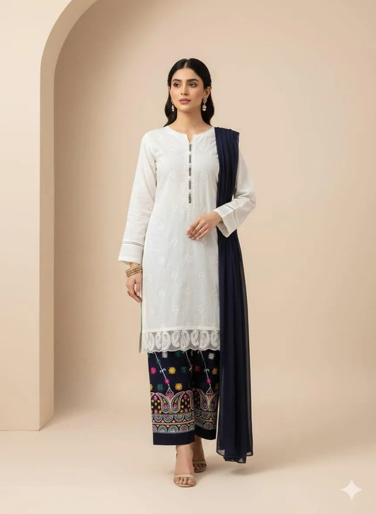 Two pieces of women's unstitched embroidered suit by UrbanBaazar in vibrant colors, showcasing intricate designs.