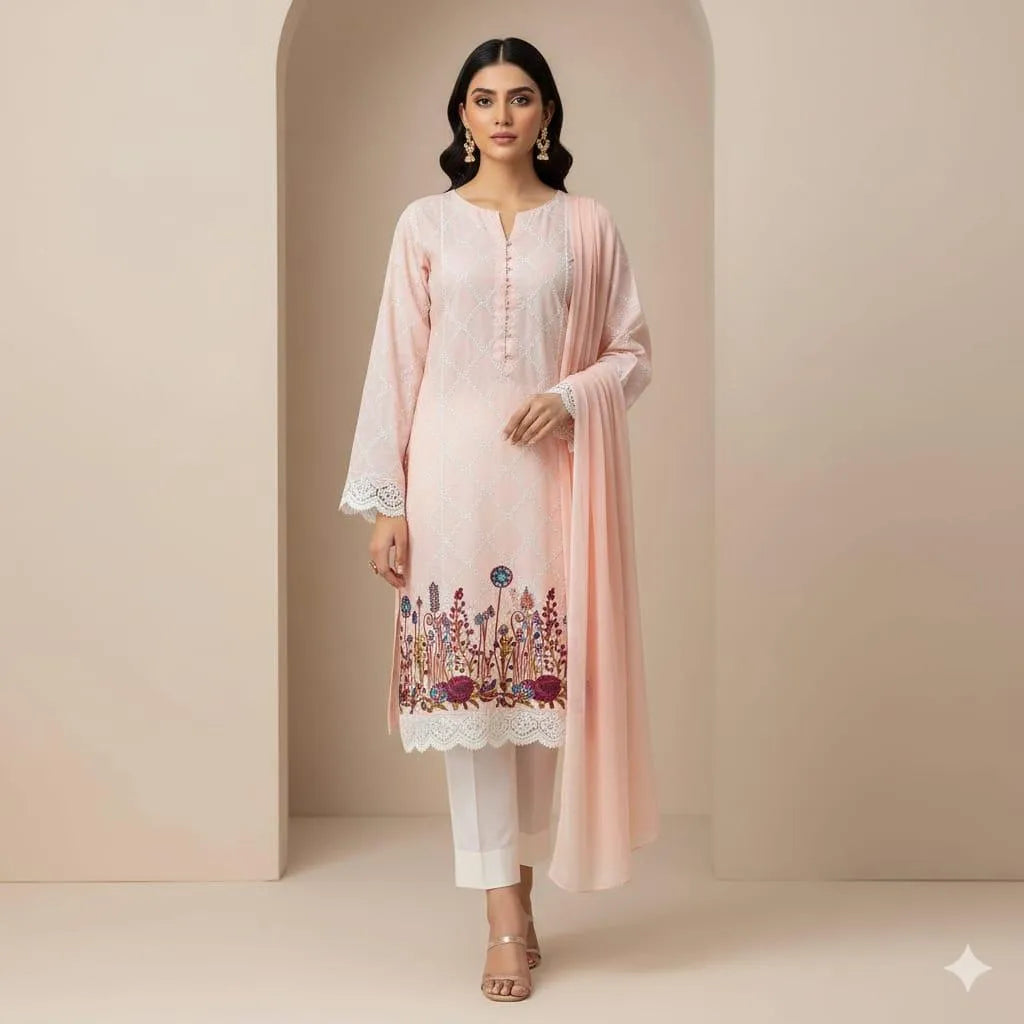 Two pieces of UrbanBaazar women's unstitched embroidered suit showcasing intricate designs and vibrant colors.