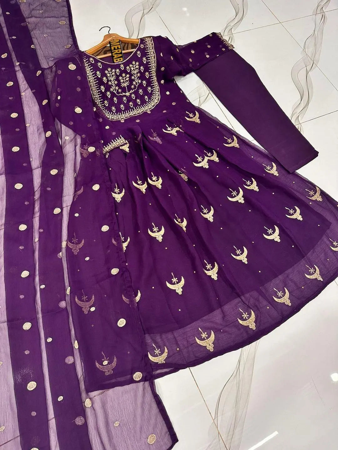 3 Pcs Women's Stitched Chiffon Hand Work Maxi Suit - UrbanBaazar