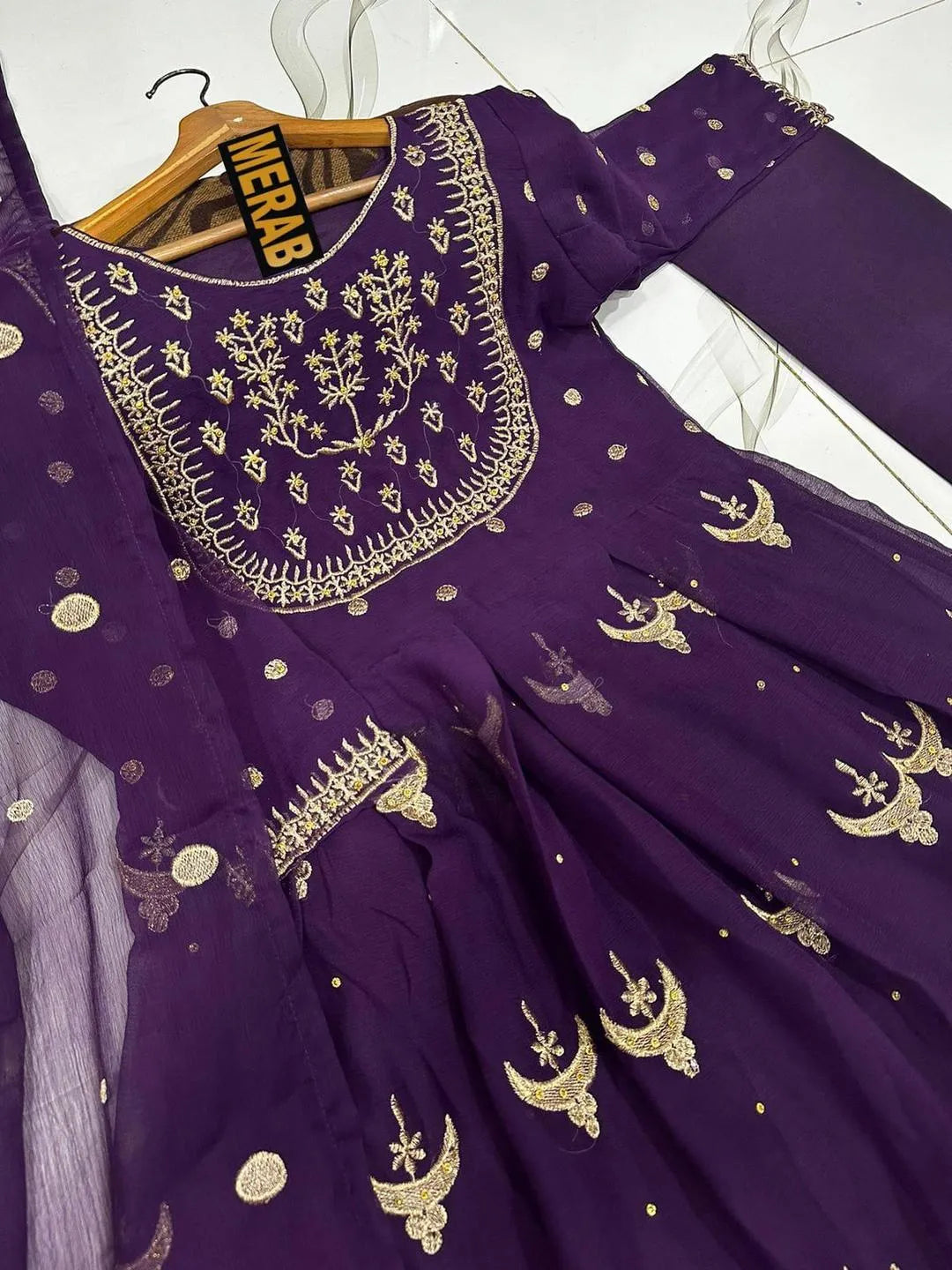 3 Pcs Women's Stitched Chiffon Hand Work Maxi Suit - UrbanBaazar