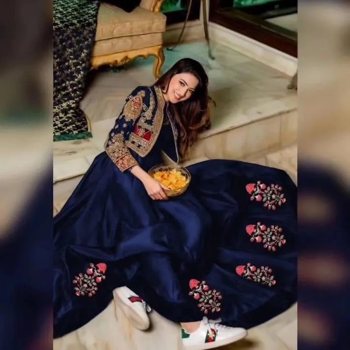 2 Pcs Women's Stitched Shamoz Silk Embroidered Maxi and Jacket - UrbanBaazar