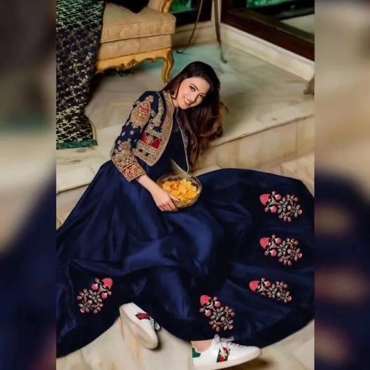 2 Pcs Women's Stitched Shamoz Silk Embroidered Maxi and Jacket - UrbanBaazar