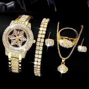 Snowflake Elegance – Luxury Full Rhinestone Watch & 5-Piece Jewelry Set - UrbanBaazar
